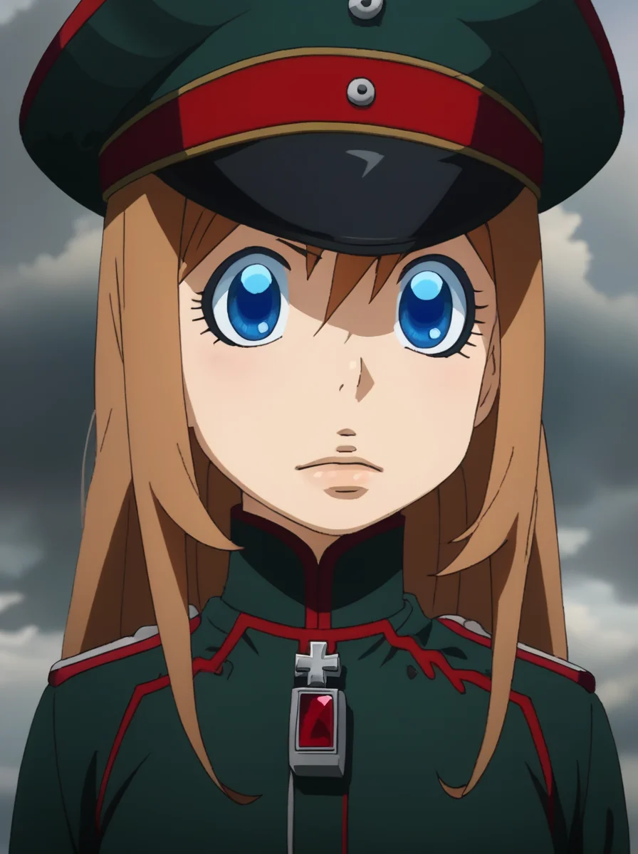 score_9, score_8_up, score_7_up, BREAK source_anime,
<lora:youjo_senki_Viktoriya_Serebryakov:0.8>,
visha, , 1girl, solo, military uniform, blue eyes,brown hair, long hair, peaked cap, military hat