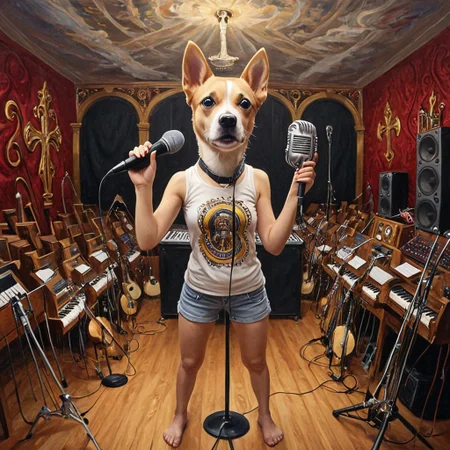dog girl dressed in an elaborate collection of qu4ntum covering her in a majestic way holding microphone, music studio, painting of cute qu4ntum, pg safe