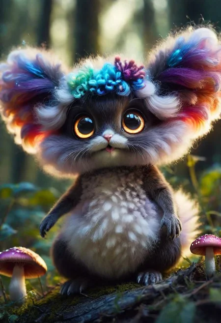 Mix the glowing-mushrooms, bunny and curly fur to create adorable magical creature with big glowing eyes, masterpiece, Surrealism, close-up, macro photo, f/1.2, backlighting, Albert Edelfelt, multicolored hair