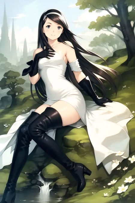 yoshida akihiko, 1girl, agnes oblige, arm support, bangs, black eyes, black gloves, black hair, black thighhighs, boots, dress, forest, gloves, hairband, hand on own chest, leg up, long hair, nature, smile, solo, swept bangs, thigh boots, thighhighs, white dress , bravely default: flying fairy, bravely default \(series\), <lora:yoshida_akihiko_offset:1>
