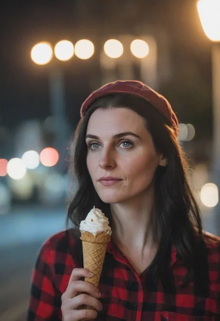 A 30yo woman eating a cone icecream. blue eyes. perfecteyes
Wearing Jeans and Plaid red shirt with a hat/cap red.
Long dark black slick back hair. No makeup.
Night time, Street light.
Looking at camera POV. Slight smile.
Medium Close Up shot.
Bokeh. Bokeh light.
Blurred background.