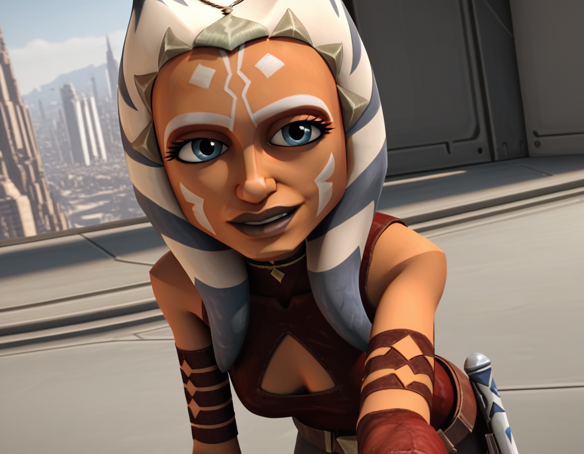 score_9, score_8_up, score_7_up, source_anime, <lora:clonewars-ahsoka-tano-ponyxl-lora-nochekaiser:1>, ahsoka tano, long hair, blue eyes, lips, colored skin, facial mark, tentacle hair, alien, orange skin, 3d, realistic,, gloves, bare shoulders, belt, sword, fingerless gloves, clothing cutout, tattoo, cleavage cutout,, outdoors, bent over, smile, looking at viewer, solo,, cowboy shot, dutch angle