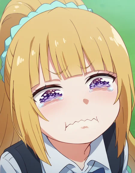 score_9, score_8_up, score_7_up, source_anime, <lora:kei-karuizawa-anime-s2-ponyxl-lora-nochekaiser:1>, kei karuizawa, long hair, bangs, blunt bangs, purple eyes, blonde hair, hair ornament, ponytail, scrunchie, blue scrunchie, medium breasts,, <lora:aqua-about-to-cry-ponyxl-lora-nochekaiser:1> crying aqua, crying aqua (meme), crying, tearing up, tears, wavy mouth,, ,