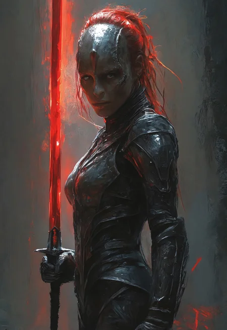 a female c4rd45514n alien, forehead crest, grey skin, ridges, scales, Holding Plasma Sword, red plasma sword, long plasma sword, hero pose, dynamic, moody, darkness, shadows, dark, sinister, pitch black, highly detailed, black ancient rusty knight armor, digital painting, artstation, concept art, smooth, sharp focus, illustration, art by Carne Griffiths and Wadim Kashin, dark black colors, good shadows, dim lit, devoid of color, low light, back light, hidden, obscured, black hue in hair, mirrors, prisms, reflection, refraction, prismatic, monolith, obsidian, bright white god rays, sun circle