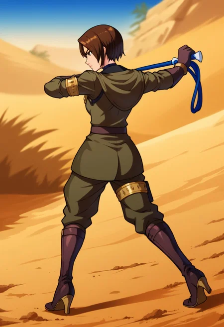 1girl, solo, score_9, score_8_up, score_7_up, masterpiece, high quality, anime, 2d, cute face, lips,
whipKOF, brown hair, short hair, brown eyes, choker, uniform, military, military uniform, bracelet, brown gloves, pants, brown boots, high heels, whip, holding whip,
action, fighting, serious stance, facing forward, dynamic, full body, from behind,
outdoors, military station, dirt, gravel,