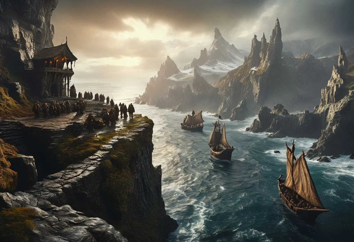extremely detailed, hero shot, high detail, hires textures, incredibly detailed, intricate details, intricate diorama, masterpiece, outstanding intricacies, photorealism, true masterpiece, cliff background, pleasant, Stately, grimdark, a group of humans elves and dwarves living in a fantasy world with antiquity-ships in the distant background