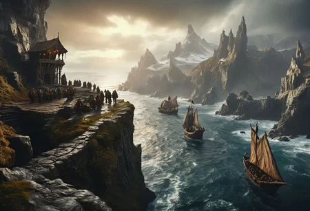 extremely detailed, hero shot, high detail, hires textures, incredibly detailed, intricate details, intricate diorama, masterpiece, outstanding intricacies, photorealism, true masterpiece, cliff background, pleasant, Stately, grimdark, a group of humans elves and dwarves living in a fantasy world with antiquity-ships in the distant background