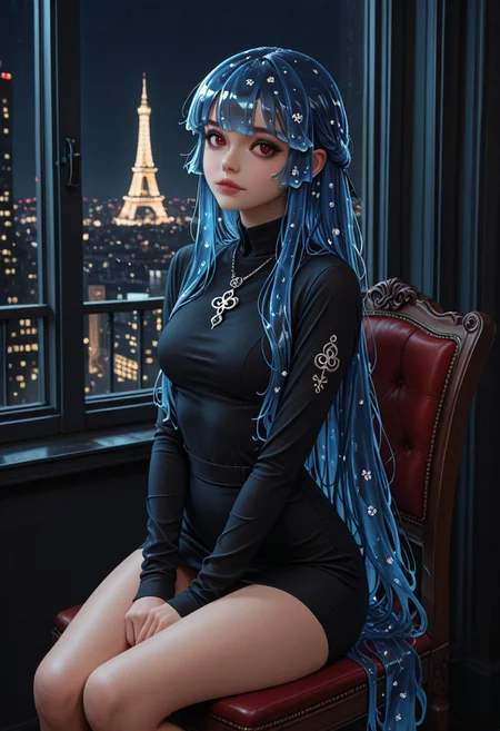 ultra-detailed,masterpiece, best quality, good quality, 8k,beautiful eyes, detailed eyes, detailed face, 
BREAK
hlbao, liquid hair, very long hair, blue hair, red eyes,
BREAK
Sitting on chair,
BREAK
Large window showing a cityscape at night, dark theme, 
BREAK
artist:moriimee,  <lora:MoriiMee_Gothic_Niji_Style_Illustrious_r1:0.6>, <lora:PowerPuffMixLora:0.5>,
BREAK