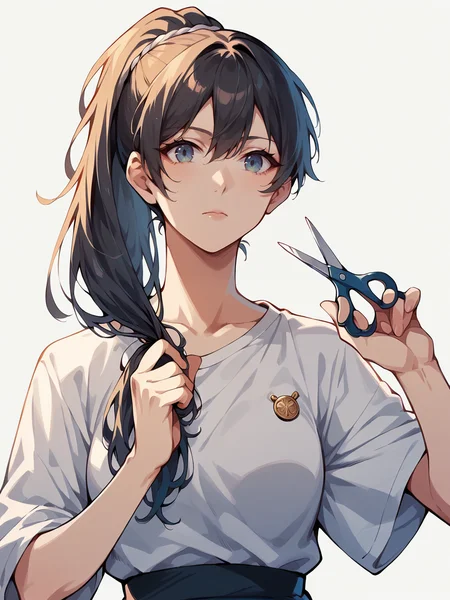 score_9, score_8_up, score_7_up, score_6_up,   <lora:cuth41r2:1> cutting hair, cuth41r, haircut, cut off hair, cutting hair, holding hair, holding scissors, 1girl, long hair, ponytail,