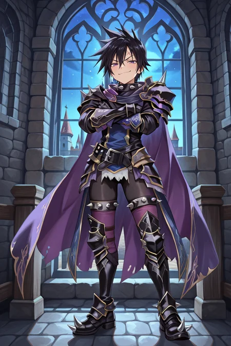 <lora:LeonIL:0.8> , LeDef, 1boy, purple eyes, scar on forehead, spiked hair, black hair, spiked collar, spikes, spiked armor, shoulder spikes, armor, black armor, faulds, purple faulds, gauntlets, black gauntlets, cape, purple cape, black bodysuit, bodysuit under clothes, spiked belt, greaves, black greaves, spiked shoes, spiked thighhighs, purple thighhighs, full body, smile, smug, night, bloodstained armor, castle, ramparts, window, medieval city, crossed arms, masterpiece, very aesthetic, absurdres, best quality, amazing quality, high resolution, <lora:illustrious_quality_modifiers_masterpieces_v1:0.8> , <lora:ChamIllustriousBackgroundEnhancer:0.5>,