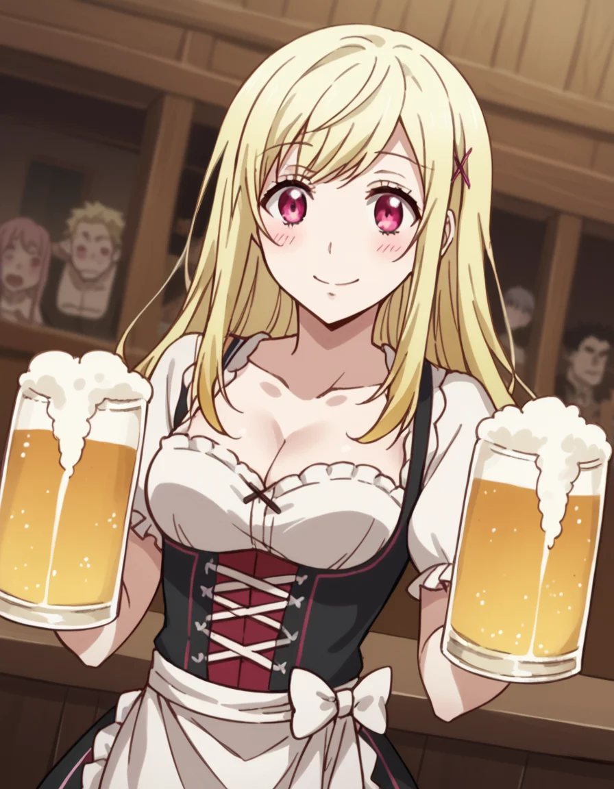 score_9, score_8_up, score_7_up, source_anime, <lora:urara-shiraishi-s1-ponyxl-lora-nochekaiser:1>, urara shiraishi, long hair, blonde hair, pink eyes, hair clip, x hair ornament,, <lora:dirndl-ponyxl-lora-nochekaiser:1>, dirndl, german clothes, beer mug, collarbone, cleavage, beer, underbust, waist apron,, indoors, bar, smile, blush,, , cowboy shot, dutch angle