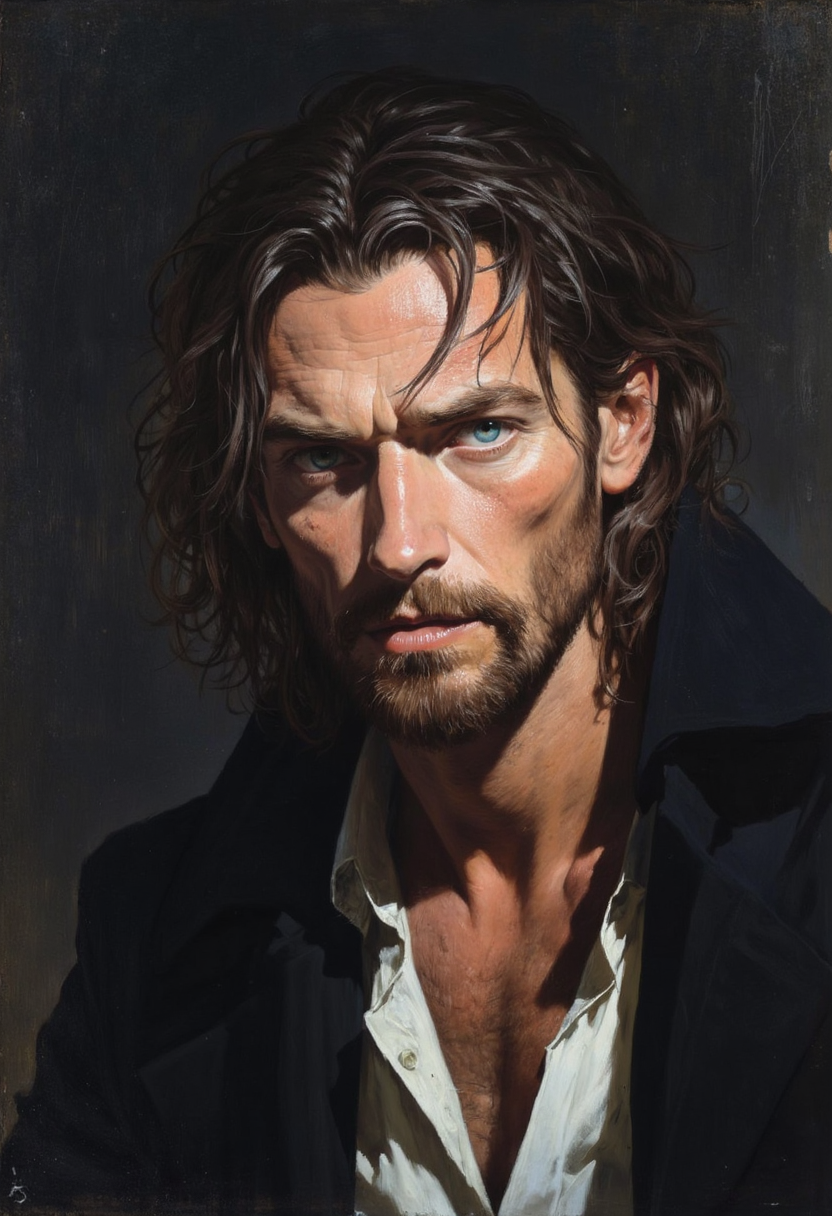 Realistic and highly detailed rugged, handsome man with piercing blue eyes gazes intently, his expression thoughtful and intense. His long, hair falls around his face, complementing his well-groomed beard. He wears a dark, slightly disheveled jacket over a white shirt, giving him a roguish yet refined appearance. Emphasizing the shadows and highlights on his face, adding depth and emotion. The atmosphere is mysterious and introspective, drawing attention to his striking features.