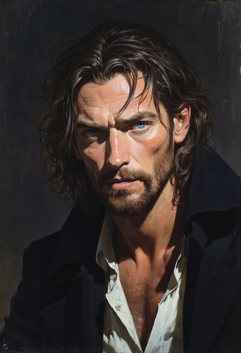 Realistic and highly detailed rugged, handsome man with piercing blue eyes gazes intently, his expression thoughtful and intense. His long, hair falls around his face, complementing his well-groomed beard. He wears a dark, slightly disheveled jacket over a white shirt, giving him a roguish yet refined appearance. Emphasizing the shadows and highlights on his face, adding depth and emotion. The atmosphere is mysterious and introspective, drawing attention to his striking features.