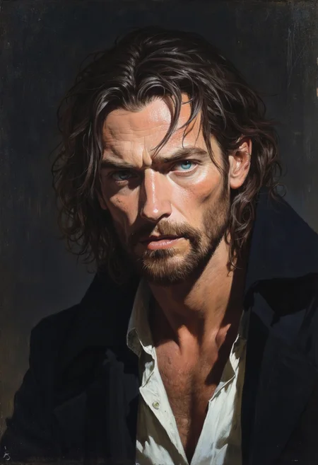 Realistic and highly detailed rugged, handsome man with piercing blue eyes gazes intently, his expression thoughtful and intense. His long, hair falls around his face, complementing his well-groomed beard. He wears a dark, slightly disheveled jacket over a white shirt, giving him a roguish yet refined appearance. Emphasizing the shadows and highlights on his face, adding depth and emotion. The atmosphere is mysterious and introspective, drawing attention to his striking features.