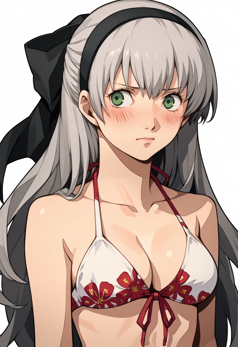 score_9, score_8_up, score_7_up, source_anime, 1girl, solo, embarrassed, heavy blush, 
<lora:zs_P3ReloadPortraitsXL:1> p3reloadportraits, portrait, white background
 <lora:elie-pdxl-nvwls-v2:1> sumElie, grey hair, long hair, green eyes, black hairband, hair ribbon, black ribbon, white bikini, front-tie bikini, side-tie bikini bottom, floral print, large breasts