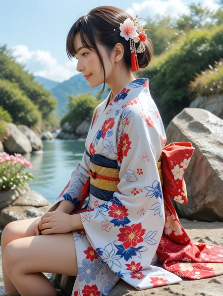 score_9, score_8_up, score_7_up,source_real,real skin,
BREAK
1girl, blush, smile,long sleeves, closed mouth, sitting, flower, outdoors, sky, medium hair, cloud, hair flower, from front,profile, capturing emotion, personality, flattering lighting, professional, engaging, compelling composition, photograph, she is wearing a short kimono,japanese clothes, hair ornament, hair flower, wide sleeves,sash,floral print, obi,rock,print kimono, her short kimono,japanese clothes, hair ornament, hair flower, wide sleeves,sash,floral print, obi,rock,print kimono, is yellow and has Intecrate metal embroidery on it, Hasselblad, 50mm
