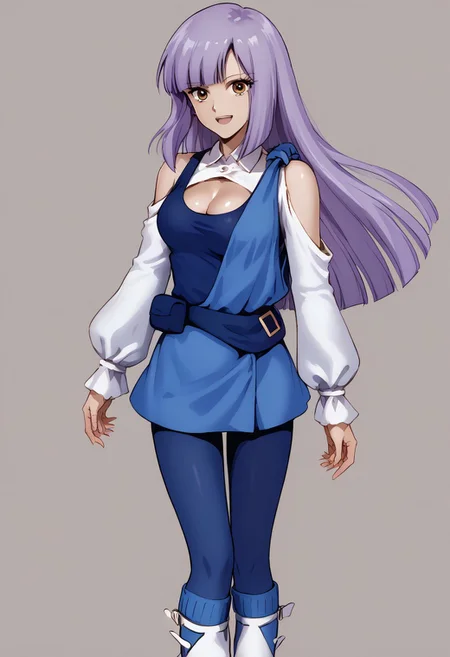 score_9, score_8_up, score_7_up, source_anime, good anatomy, 1girl, solo, RouxLouka, lavender hair, hime cut, long hair,brown eyes, blue tanktop, cleavage cutout, white sleeves, bare shoulder, light blue short dress, fanny pack, blue pantyhose, light blue legwarmers, white boots, standing, smiling, open mouth, contrapposto
