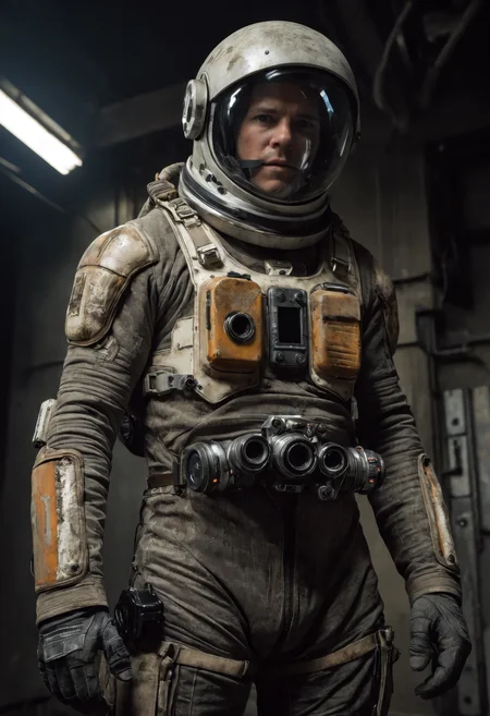 A hyper-realistic digital portrait of a heavily weathered and patched futuristic astronaut in a bulky, industrial-style spacesuit, standing in a gritty sci-fi industrial setting, the suit covered in visible repairs, scorched sections, worn fabric, reinforced plating, and layers of straps, pouches, and modular tool mounts, suggesting extensive field use and harsh conditions, the helmet metallic with a realistic, reflective visor and integrated digital elements showcasing advanced surveillance technology, visible micro-cameras and HUD overlays, intricate gadgets embedded across the chest and arms, wiring and mechanical joints exposed beneath worn panels, cinematic lighting and muted metallic tones create a mood of survival and resilience, extreme realism and detail in every textureâfabric weave, scratches, tool marks, and environmental grime
