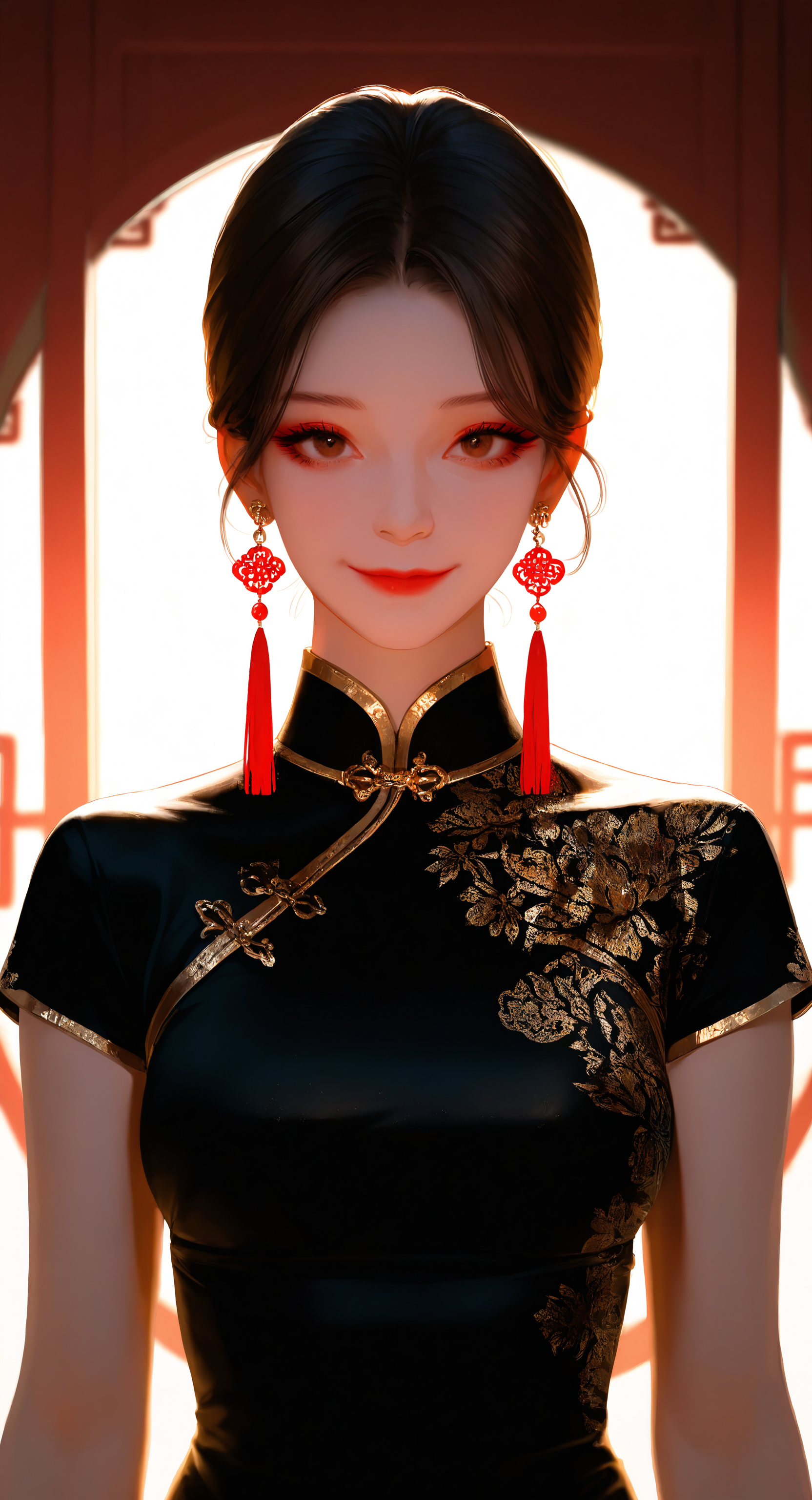masterpiece, best quality, good quality, very aesthetic, absurdres, newest,1girl, solo, looking_at_viewer, smile, brown_hair, dress, closed_mouth, jewelry, medium_breasts, brown_eyes, upper_body, short_sleeves, earrings, black_dress, eyelashes, lips, chinese_clothes, floral_print, sunlight, light_smile, tassel, china_dress, gold_trim, high_collar, red_lips, straight-on, tassel_earrings, Broad Lighting, realistic,photorealistic <lora:ponyv5_noobV065S_1_adamW-000013:0.7> <lora:USNR_STYLE_XL_lokr:0.45>