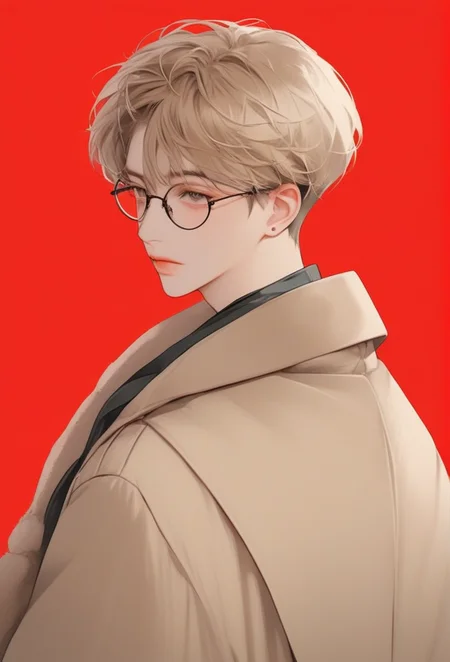 (masterpiece,best quality,ultra_detailed,highres,absurdres:1.2)), ( butterfly:1.2),1boy, male focus,solo, simple background, upper body, duffel coat short hair,parted lips, round eyewear,hand on own shoulder,red background, <lora:krmaleface-4-sdxl:1>