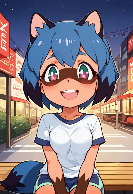 1girl, ((solo)), best quality, ultra-detailed, extremely detailed, perfect anatomy, masterpiece, score_9, score_8_up, score_7_up, Expressiveh, Michiru Kagemori, Brand New Animal, fully clothed, (chibi), cute, city background, (night time), sitting down, outdoors, at an outdoor coffee shop, open mouth smile, excited, happy to see you, blushing, staring at viewer,