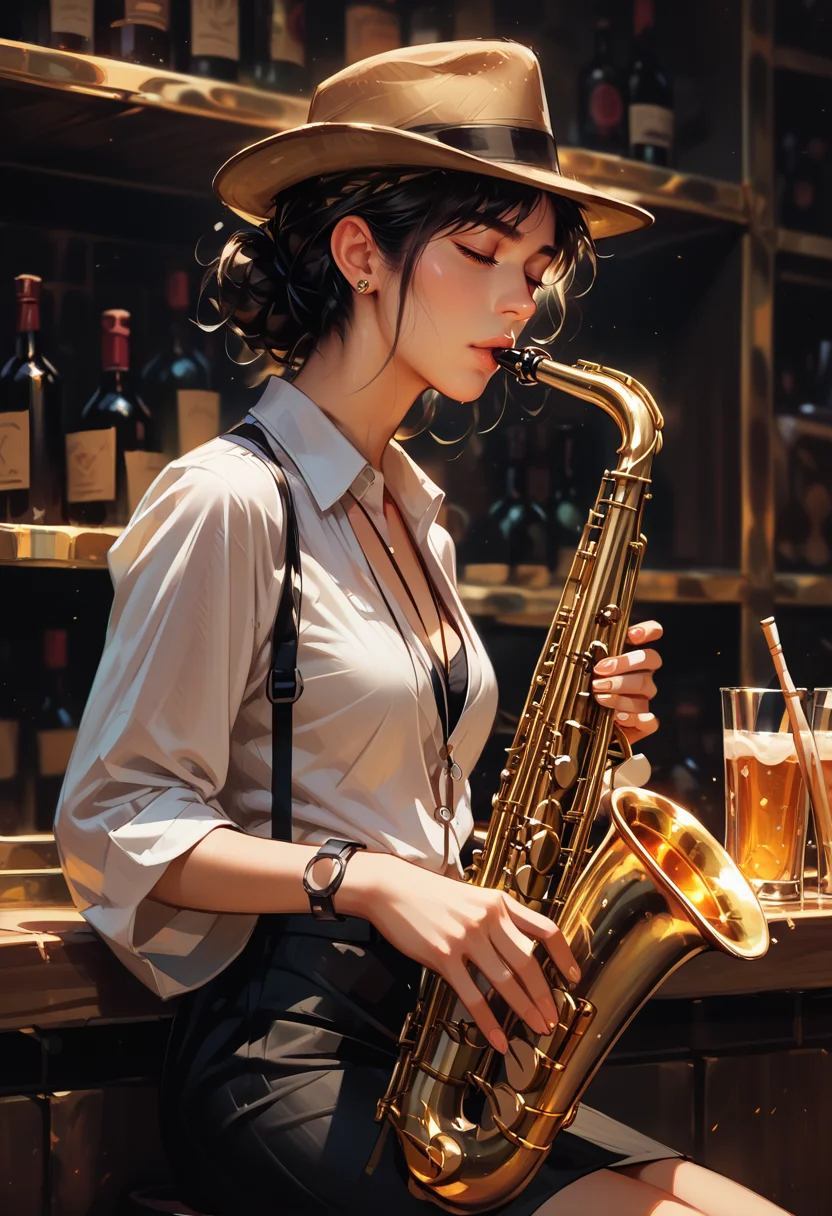 score_9, score_8_up, score_7_up, score_6_up, score_9, score_8_up, score_8, 1woman, SH_S4X, bar, instrument, solo, solo focused, fedora, eyes closed, playing instrument,   <lora:Sheeps_Saxophone:0.8>