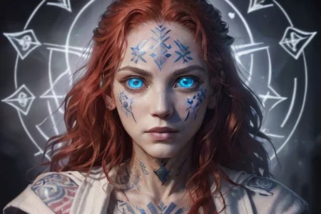 bright red hair, human female, (feminine:1.7), (beautiful face, detailed face:1.6), (beautiful eyes, detailed eyes:1.7), (looking at viewer, eye contact, intense:1.6), (long hair, red hair, curly hair:1.3), , ((masterpiece, best quality, high resolution, realistic, best quality,)), photo realistic, Perfect Face, (detailed face). <lora:GoodHands-vanilla:0.6> <lora:add-detail-xl:0.8>, mage, (Dress White military uniform coat), dagger, rune dagger, glowing runes, , (((glowing magic symbols tattoos, religious tattoos))), ((face tattoos)), glowing tattoos, stone tower in the background