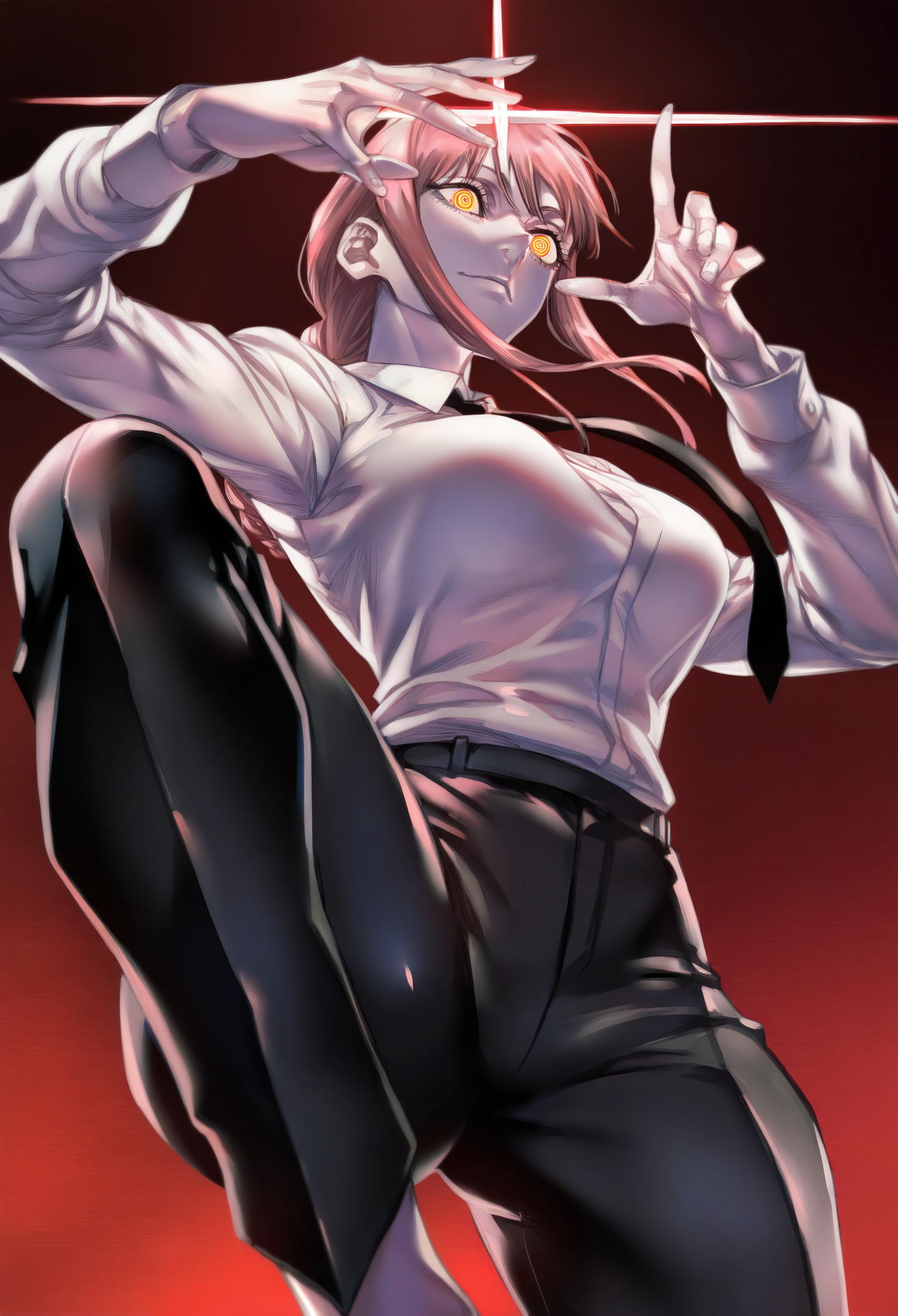 masterpiece, best quality, absurdres, <lora:zunta-guy90-Illust-Lycorisv1:1> atnuzz, 1girl, solo, shiny skin, glowing, makima \(chainsaw man\)