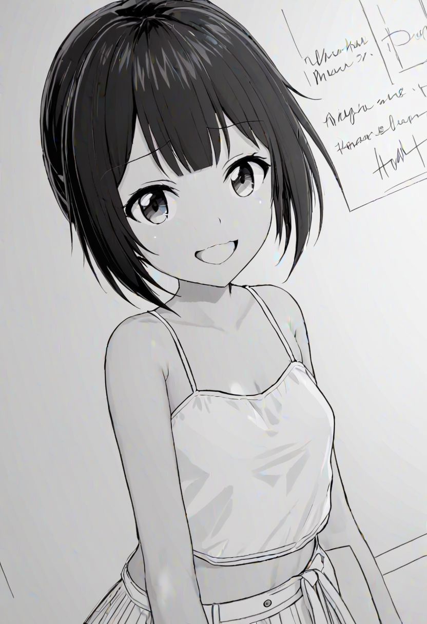high quality, high detail, line art, sketch, 1girl, beautiful girl, joy, happy, laugh,Miku