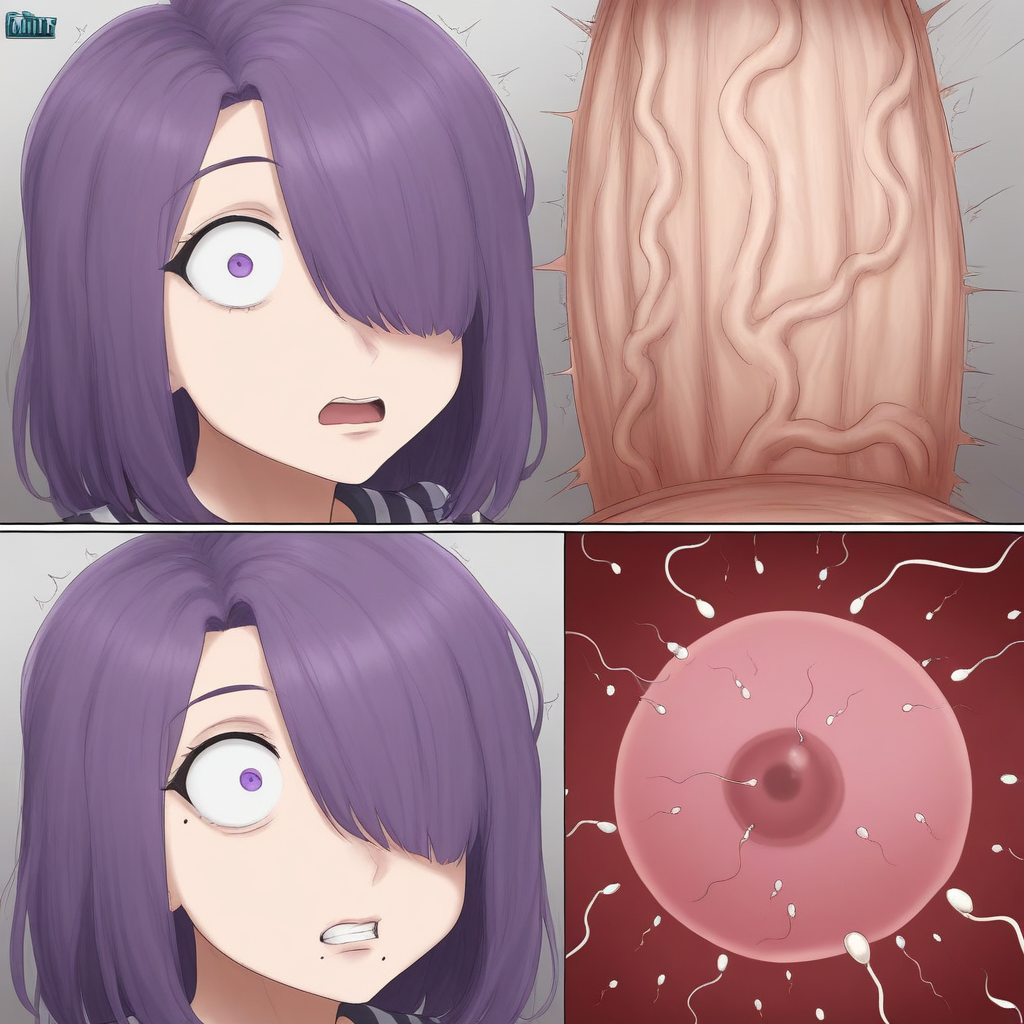 hair over one eye, striped, deep penetration, veins, wide-eyed, sperm cell, meme, purple hair, mole