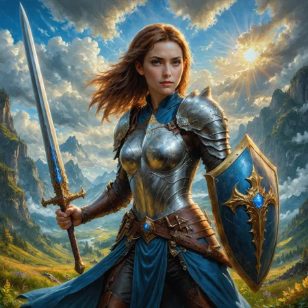 by Christophe Vacher and J. Scott Campbell in the style of Phil Koch , character, sword and shield <lora:sword_and_shield:0.45> , oil painting <lora:oil_painting_envy_anime:0.60>
<lora:more_art:0.30> <lora:midjourney:-0.15> <lora:RMSDXL_Enhance:0.50> <lora:RMSDXL_Creative:0.50> <lora:RMSDXL_Photo:0.50> <lora:RMSDXL_Darkness_Cinema:0.50> <lora:clothing_slider:2.00> <lora:great_lighting:1.50> <lora:aesthetic:1.50> <lora:photorealistic_portrait:1.50> <lora:extremely_detailed:1.50> <lora:dpo:0.25>
