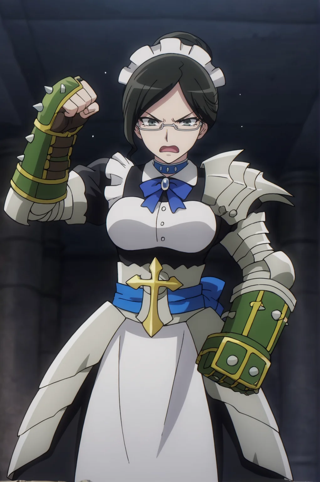 score_9, score_8_up, score_7_up,anime_source, source_anime, best background, detailed background, anime screencap, Yuri Alpha, armor, maid, maid headdress, gauntlets, solo, angry, tsundere, dynamic angle, fighting pose, indoors, <lora:JN_Yuri_Alpha:0.8>