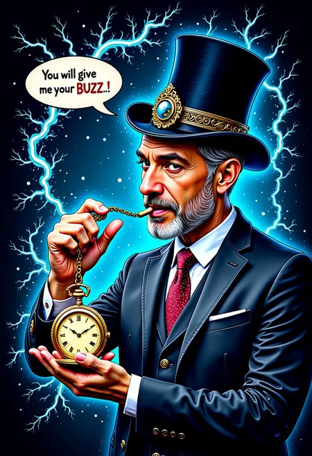 A photo of hypnotist in a top hat and wearing a monacle, holding a pocket watch, it sways hypnotically, motion lines, viewer's eye reflects on watch, glass, intricate light, intricate artwork masterpiece, golden ratio, trending on artstation, highly detailed. watch is metallic. mtlartCE_style. aidmatextimprover. Text bubble comes out of hypnotist's mouth that reads "You will give me your BUZZ..." electric plasma flows around edges of frame