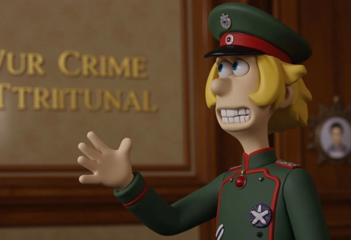 score_9,rating_safe,(claymation,made of clay),claymation animation of a smiling and innocent looking TanyaDegurechaff with blonde hair and blue eyes and a tunic and military hat being tried for war crimes in a court,big sign with the words "War Crime Tribunal" on the wall