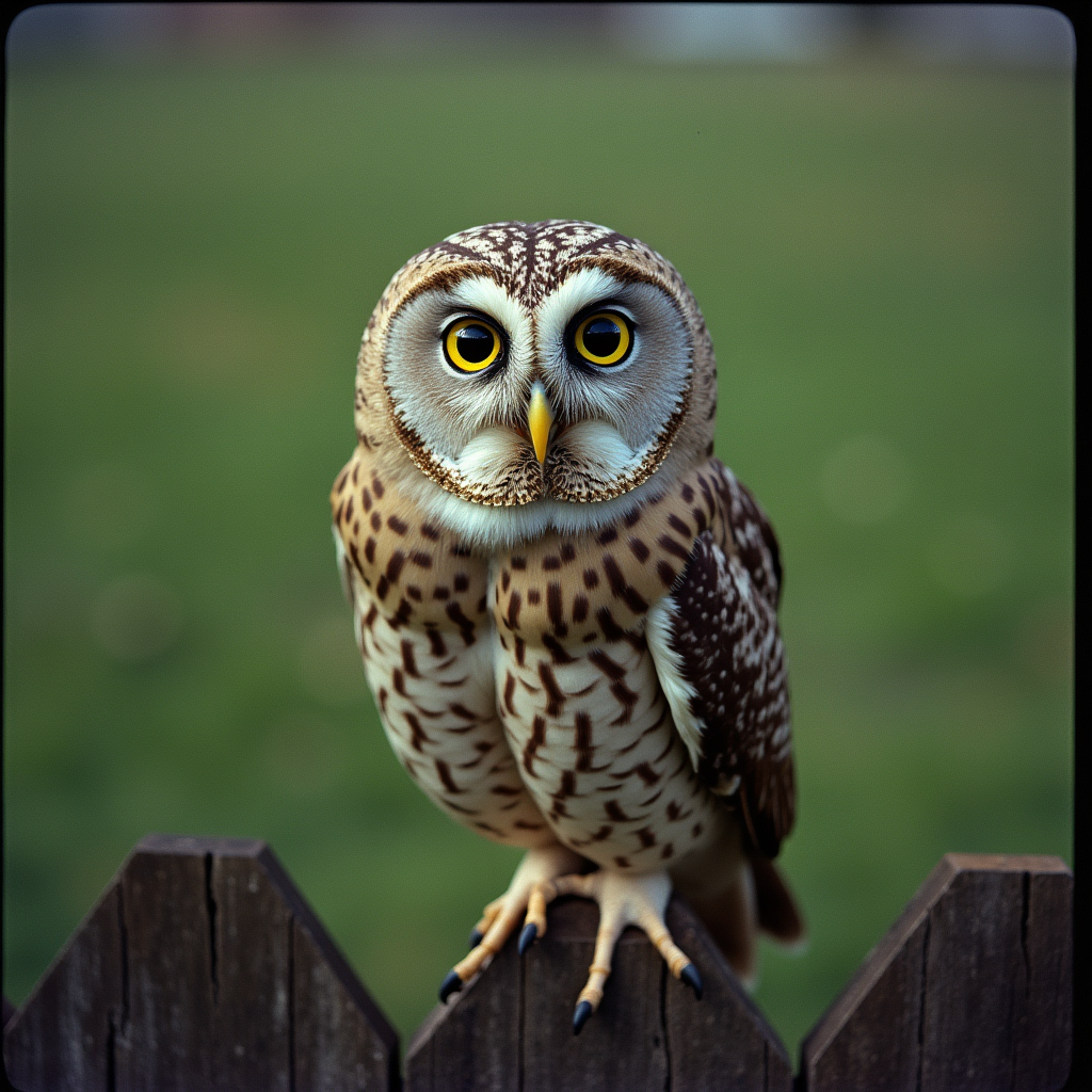 <lora:Kodak Motion Picture Film style v1:1>
Film grain still image of a close up of a owl on a wooden fence,solo,looking at viewer,yellow eyes,blurry,no humans,depth of field,blurry background,bird,animal,realistic,animal focus,owl,beak , cinematic look, film look, filmic, contrast, detailed, high quality, sharp image, film color, Kodak Motion Picture Film style, different color, different people, different look, different style, 35MM Film, 16MM Film, Photographic film, music video style, artistic style, cinematic style, film granularity, film noise, image noise, artistic effect, Fujicolor, Fuji film, Analog photography, movie style, movie still, Film grain overlay, Film Grain style