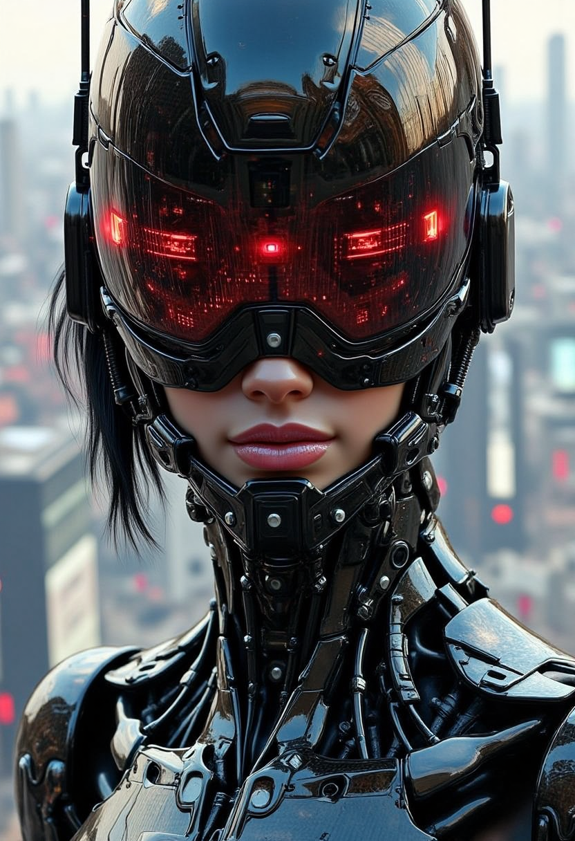 yfg-f@ce, Photo-realistic, Ultra-HD-details, masterpiece. 1girl, 25 year old, (Marvel RoboCop 2014), happy smiles, lips ajar, perfect fangs, ((Carbon Fiber Style, mechanical cyborg body, full robot body)), (dynamic pose), posing, (realistic:1.0), (best quality real texture skin), full body, slender hips, little shapely ass, highly detailed skin, (highly detailed face:1.0), (highly detailed eyes:1.0), short black hair, (perfect anatomy:1.0), (perfect proportions:1.0), (photography:1.0), (photo-realistic:1.0), in the background a large cyber city, (high-res:1.0), daylight, (realistic, hyper-realistic:1.0), ((full Sharp)), 8K.
