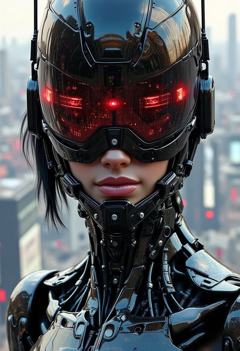 yfg-f@ce, Photo-realistic, Ultra-HD-details, masterpiece. 1girl, 25 year old, (Marvel RoboCop 2014), happy smiles, lips ajar, perfect fangs, ((Carbon Fiber Style, mechanical cyborg body, full robot body)), (dynamic pose), posing, (realistic:1.0), (best quality real texture skin), full body, slender hips, little shapely ass, highly detailed skin, (highly detailed face:1.0), (highly detailed eyes:1.0), short black hair, (perfect anatomy:1.0), (perfect proportions:1.0), (photography:1.0), (photo-realistic:1.0), in the background a large cyber city, (high-res:1.0), daylight, (realistic, hyper-realistic:1.0), ((full Sharp)), 8K.