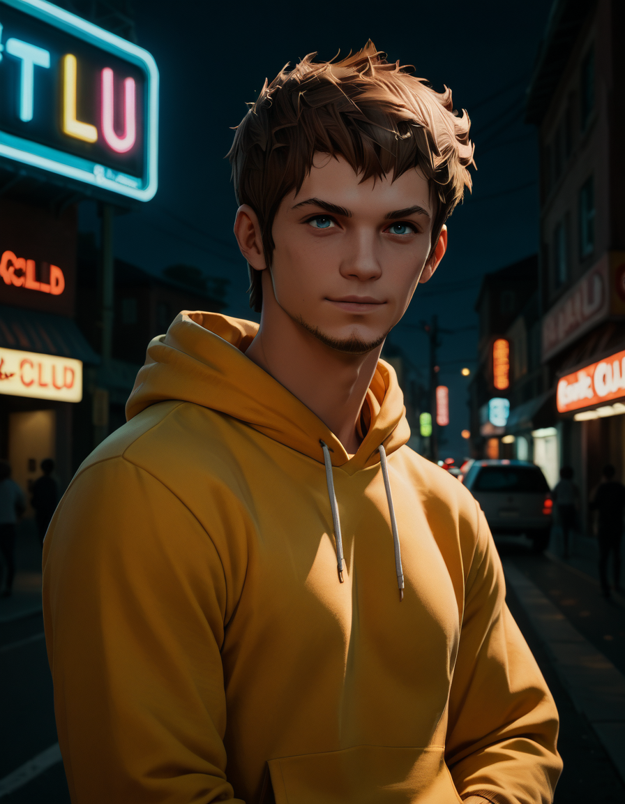 score_9, score_8_up, score_7_up, rating_safe, ardbert, (smile:0.3), yellow hoodie, neon club