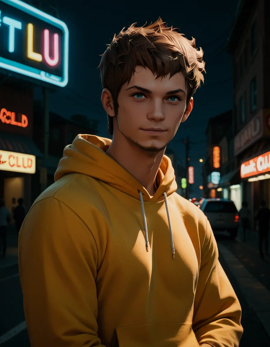 score_9, score_8_up, score_7_up, rating_safe, ardbert, (smile:0.3), yellow hoodie, neon club