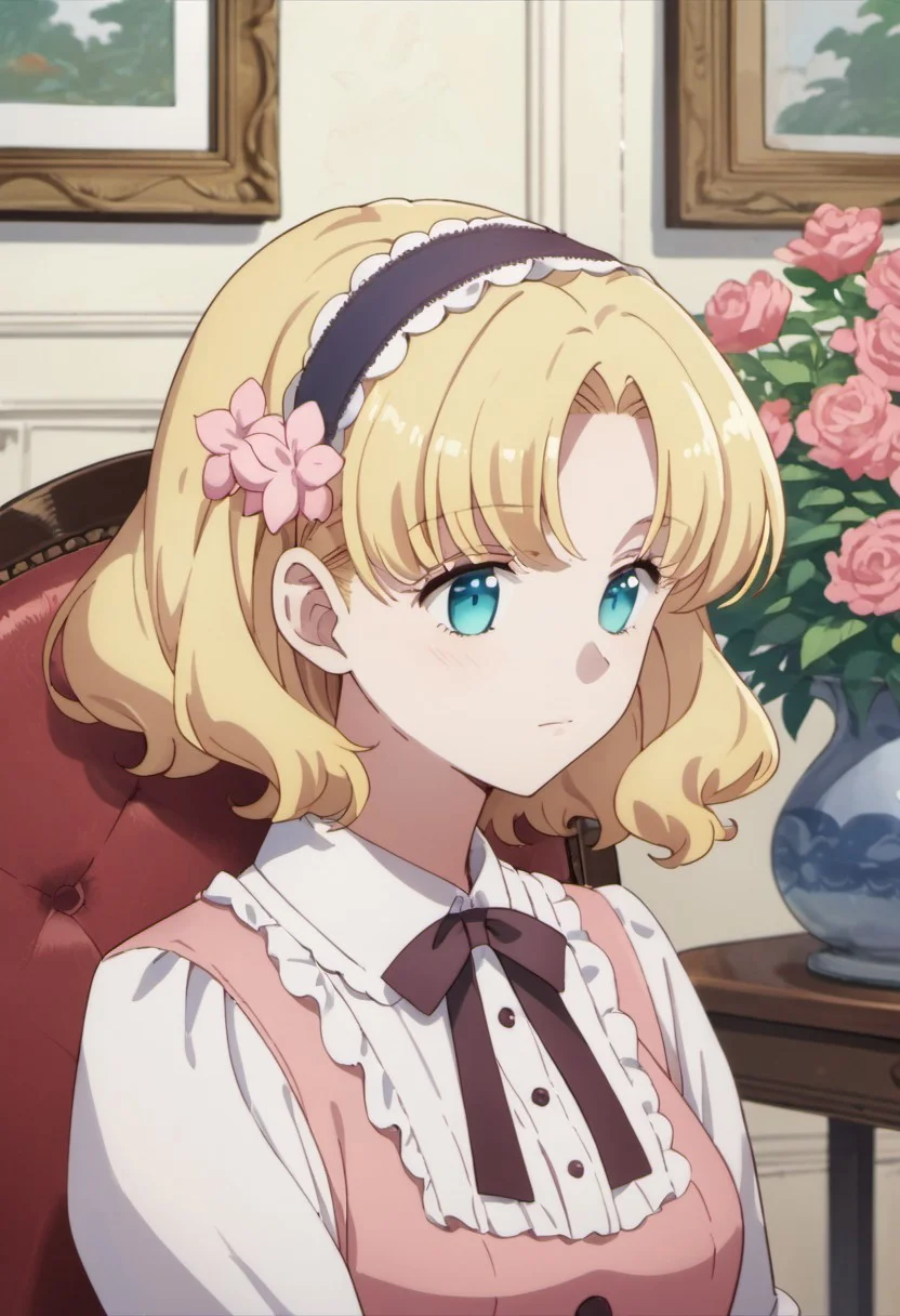 score_9, score_8_up, score_7_up, source_anime, maria campbell, blonde hair, short hair, blue eyes, 1girl, solo, flower, hairband, anime coloring, hair flower, chair, frills, indoors, shirt, hair ornament, closed mouth