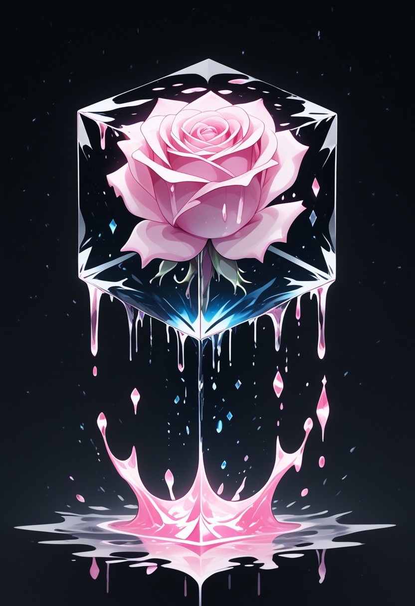 (masterpiece), best quality, Anime, Illustration, (Floating Cube, Crystal, Magic, Reflection, Melting, Dripping, Pink Rose), Black Background, No Humans, Starry Theme, (Light Refraction), White and Pink Theme, Natural Lighting, Verynsty