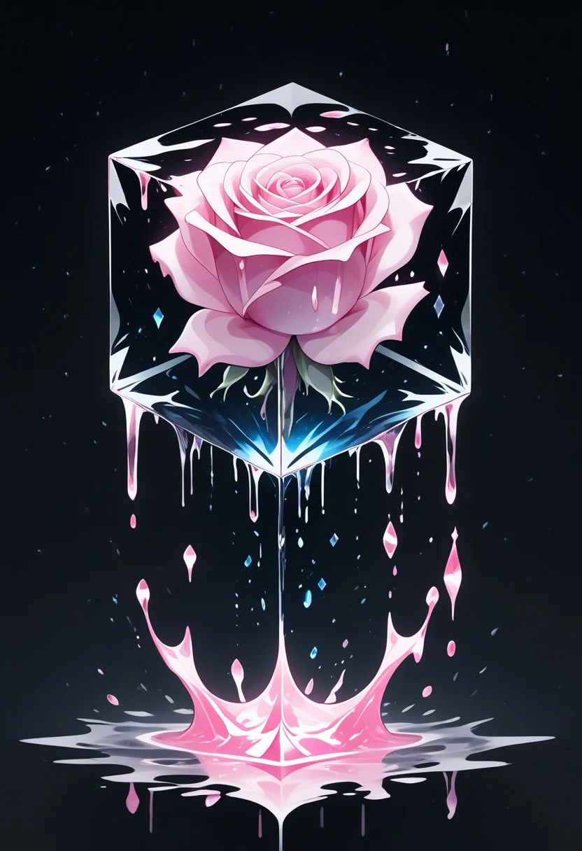 (masterpiece), best quality, Anime, Illustration, (Floating Cube, Crystal, Magic, Reflection, Melting, Dripping, Pink Rose), Black Background, No Humans, Starry Theme, (Light Refraction), White and Pink Theme, Natural Lighting, Verynsty