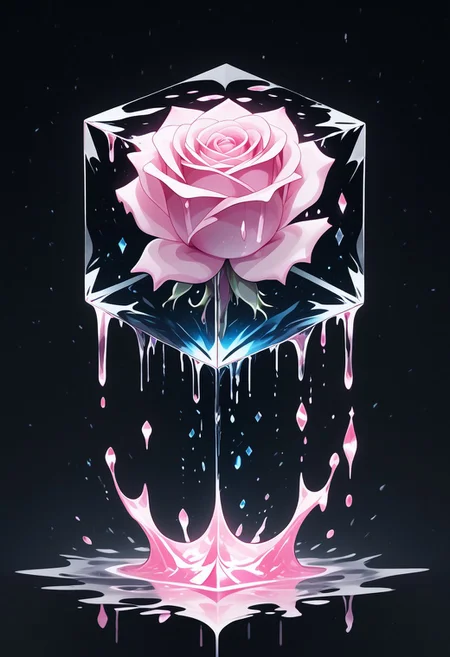 (masterpiece), best quality, Anime, Illustration, (Floating Cube, Crystal, Magic, Reflection, Melting, Dripping, Pink Rose), Black Background, No Humans, Starry Theme, (Light Refraction), White and Pink Theme, Natural Lighting, Verynsty