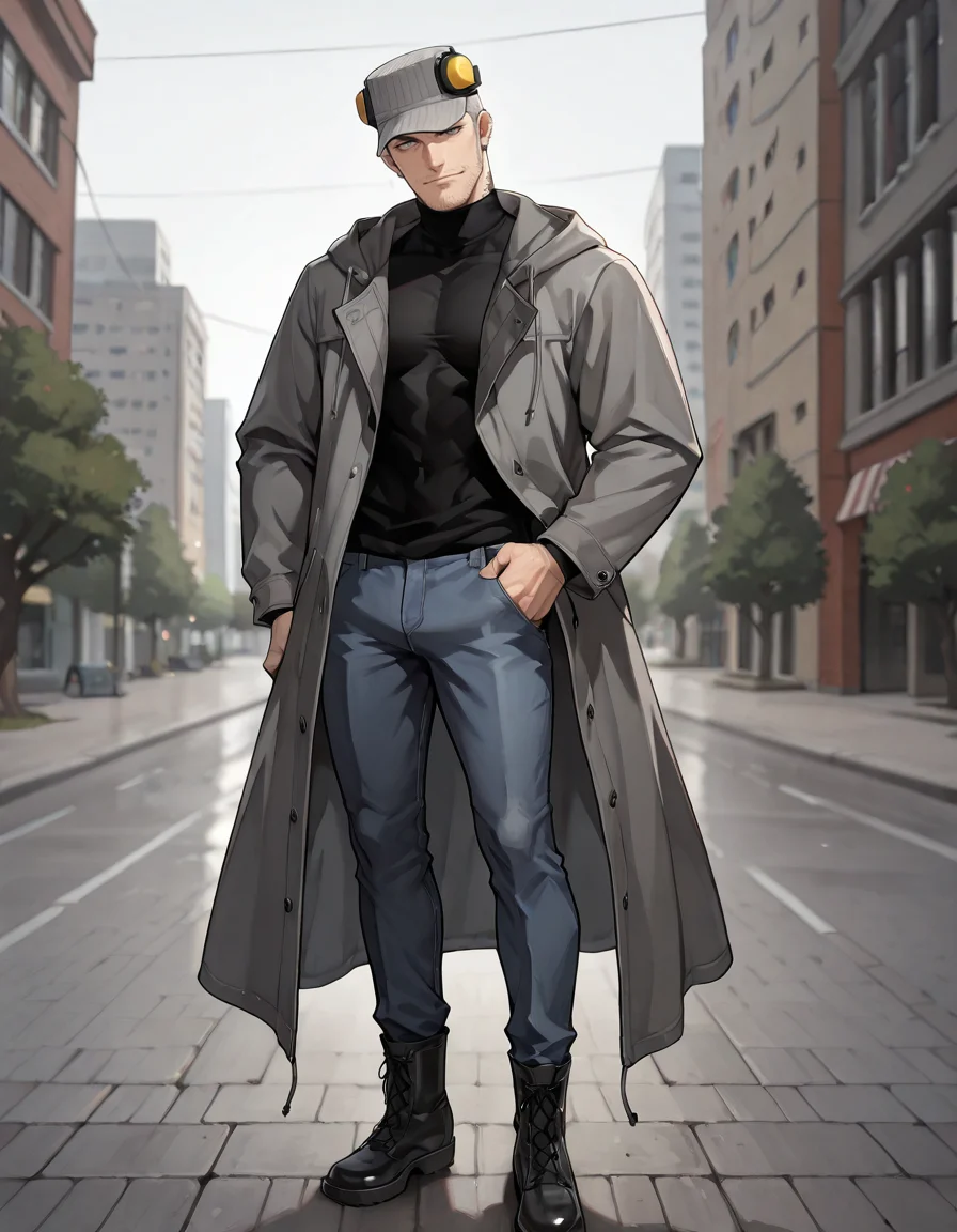 masterpiece, best quality, absurdres, newest, perfect quality, best quality, absolutely eye-catching, detailed background, intricate details, male focus, anime, solo, <lora:Persona 5 - Munehisa Iwai - Illustrious_1:0.7>, m_iwai, 1boy, mature male, grey hair, very short hair, grey eyes, long sideburns, stubble, neck tattoo, multiple earrings, pinstripe hat, ear protection, grey long coat, black turtleneck, hood down, jeans, black boots, head tilt, come hither, looking at viewer, outdoors, city, trees, three quarter view, standing, hand on hip
