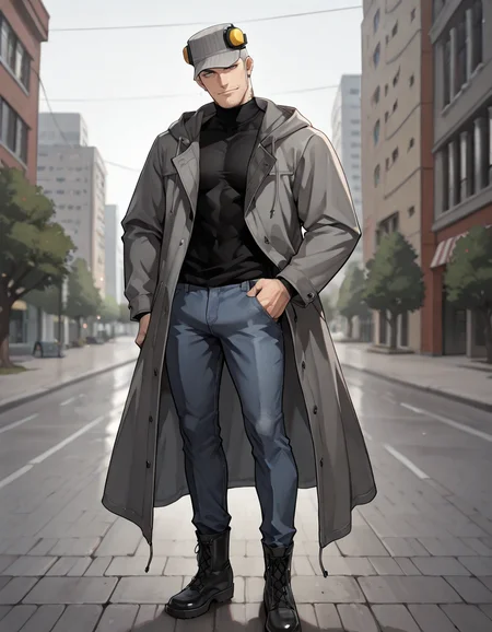 masterpiece, best quality, absurdres, newest, perfect quality, best quality, absolutely eye-catching, detailed background, intricate details, male focus, anime, solo, <lora:Persona 5 - Munehisa Iwai - Illustrious_1:0.7>, m_iwai, 1boy, mature male, grey hair, very short hair, grey eyes, long sideburns, stubble, neck tattoo, multiple earrings, pinstripe hat, ear protection, grey long coat, black turtleneck, hood down, jeans, black boots, head tilt, come hither, looking at viewer, outdoors, city, trees, three quarter view, standing, hand on hip