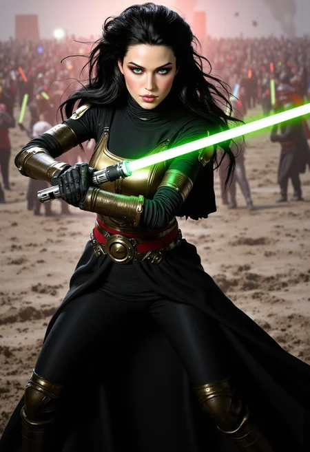 Masterpiece Illustration combining oil-canvas and semi-realistic comic-book style image with a Star Wars theme, star wars style, 7-CgiFaces, mythp0rt, Pale skin tone, dynamic, woman. Ultra-detailed, absurdres, detailed, intricate. The main subject of the image is a beautiful French woman in her 20s, in an waist-up portrait that focusses on her face and torso. She is an incredibly beautiful Goth GIrl with very pale skin, messy black hair, large strikingly blue eyes, high sharp cheekbones, and full rosy lips. She has supermodel good looks, with a thin waist. Her hair is chin-length, and highly detailed. She has one small beauty mark mole beside her mouth! She has smokey eyeshadow. She is wearing a sci-fi bronze raiment of light armor including a breastplate. She is wearing long black robes resembling Revan, leather boots, bracers, belt, featuring a long skirt. She is attacking with a single green lightsaber in a glamorous pose, stretching in such a way that it demonstrates sensual physicality, at unique angles. She is standing on a dramatic battlefield, occluded with smoke and dust. Sharp Focus, Volumetric Lighting, Realistic Shading, Octane Render, Realistic, professional, 4k, highly detailed,, portrait photography, capturing emotion, personality, flattering lighting, professional, engaging, compelling composition, play of shadow and light, rays of light, chiaroscuro, cinematic quality, Beauty. Proportionate body, good hands, perfect face, perfect body, slim thick figure.