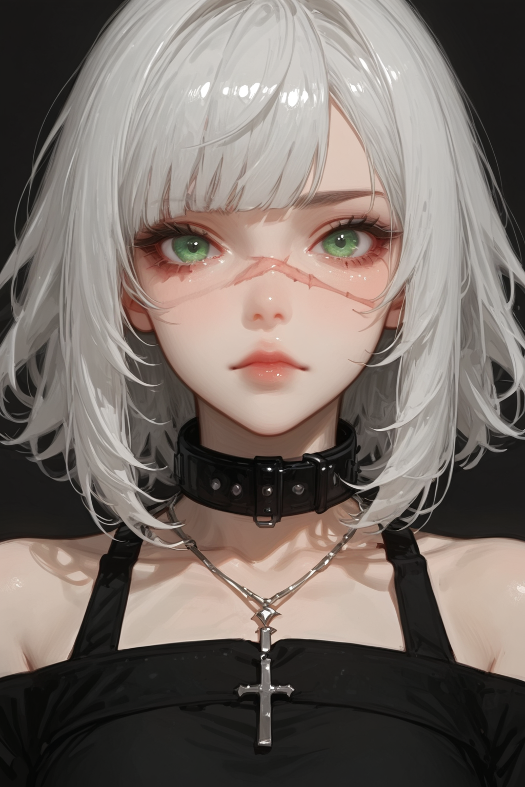 1girl, 1girl,solo,looking at viewer, short hair, bangs, simple background, bare shoulders, jewelry, ,closed mouth, green eyes, white hair, grey hair, medium hair, necklace, collar, scar, black background, portrait,, scar on face, scar across eye, covered collarbone 
<lora:re--mix1:1>