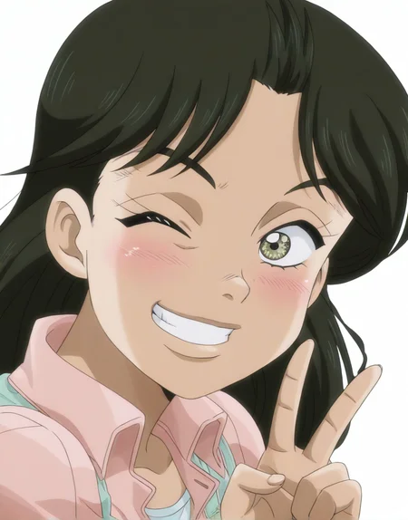 (anime coloring, anime screenshot) runawaygirlJojoILXL, runawaygirlJojoILXL, 1girl, smile, one eye closed, solo, v, grin, blush, portrait, looking at viewer, simple background, white background
masterpiece, best quality, amazing quality, very aesthetic, absurdres, official art,      <lora:runawaygirlJojoILXL-08:1>