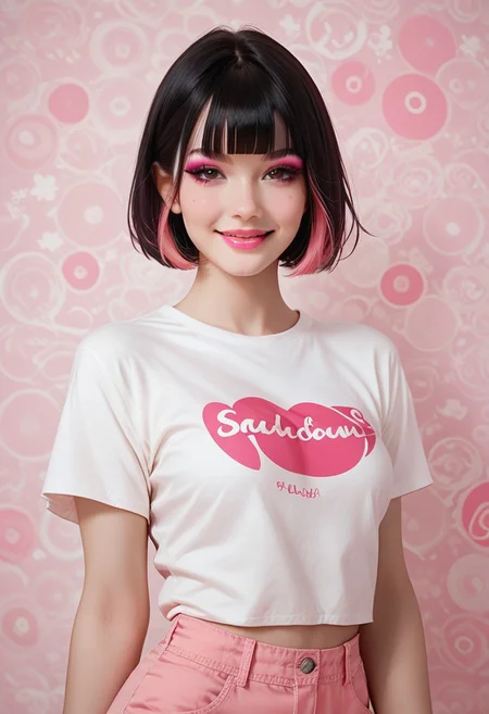 score_9, score_8_up, score_7_up, score_6_up, score_5_up, score_4_up, 1girl,Sarah, SarahRH, short black hair, bob cut, straight hair, blunt bangs, dyed bangs (pink), (pink) streaked hair, dark eyes, cute face, beautiful lips, medium breasts, curvy, large hips, pale skin, mole under her eye, moles on her body, makeup, pink lip gloss, black t-shirt, (pink) print t-shirt, shorts (pink-white) abstract background, detailed background, cowboy shot, smiling