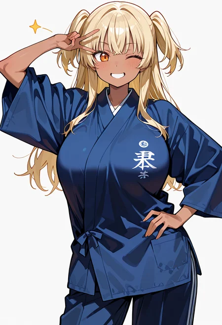 best quality, amazing quality, simple background,((outlined outlined vector graphics)),  simple background,  white background,
1girl, 20yo, (large breast:1.2), orange eyes, (blonde hair:1.3),long hair, (two side up:1.1), (dark skin:1.6), dark skin girl, (tall:1.2),bangs
solo, female focus ,,  looking at viewer ,smile,grin, wink , ,cowboy shot, cute face , samue , blue  clothes , pants  <lora:samue-il-01:0.8>